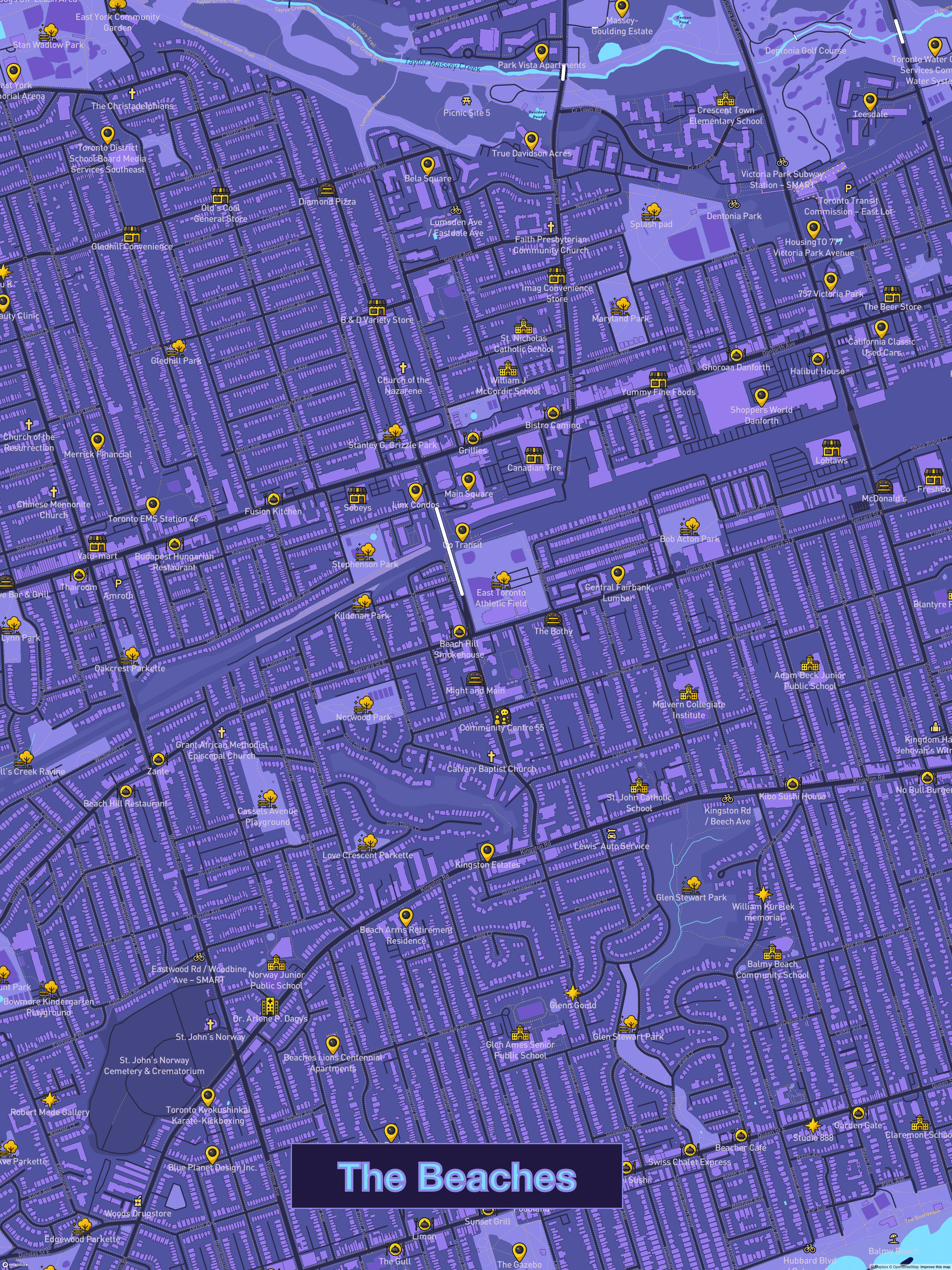 A Space-style map of Toronto’s Beaches neighbourhood and shoreline